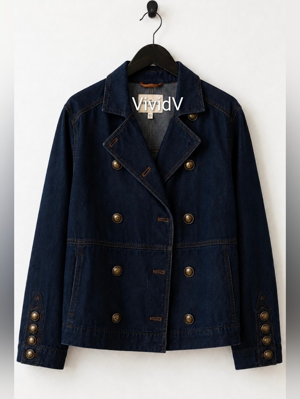 Free People Double Breasted All Denim Military Jacket Dark Denim Sz Medium NWT